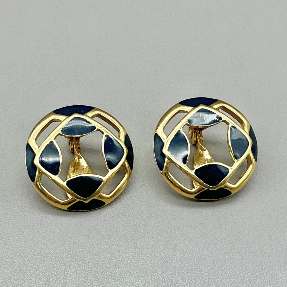 Monet Clip On Earrings Women Gold Navy Blue Enamel Geometric Round Open Work